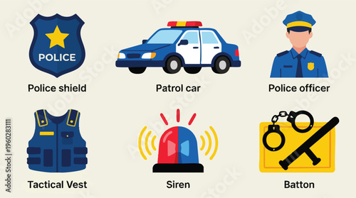 Police and Law Enforcement Equipment Flat Vector Icon Set
