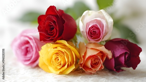 A beautiful bouquet of assorted colorful roses in full bloom.