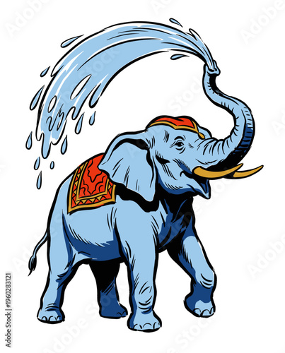 Festive Blue Elephant Spraying Water Illustration