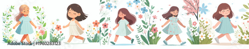 vector little girl walking happy spring mood