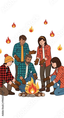 Happy Friends Gather Around Crackling Campfire Bonding Over Outdoors Activity