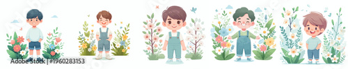 vector little boy standing happy spring mood