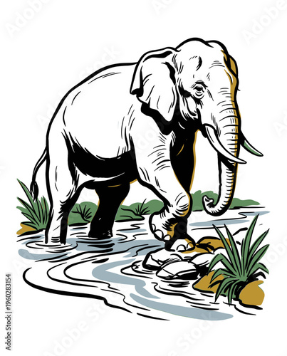 Vintage Style Elephant Walking Through River Water Illustration