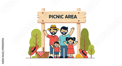 Happy Family Welcoming Visitors To A Picturesque Picnic Area Setting