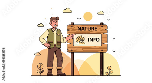 Happy Guide Points To Nature Information Sign In A Stylized Landscape Environment