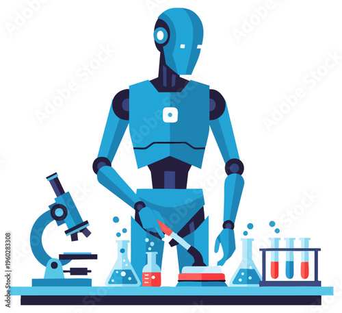 Blue Humanoid Robot Scientist Conducting Research in a Science Lab