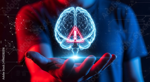 Digital brain with red triangle exclamation warning sign floating over open hand representing mental health or system hazard