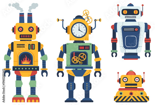 Retro Steampunk Robot Collection Vector Illustration Set