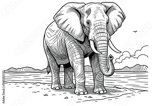Elephant Line Art Illustration in Savanna Landscape