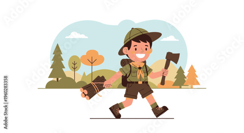 Happy Young Scout Carries Firewood And Axe In Forest