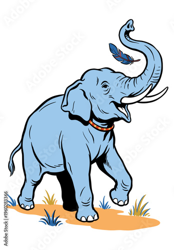 Happy Cartoon Blue Elephant with a Magic Feather Illustration