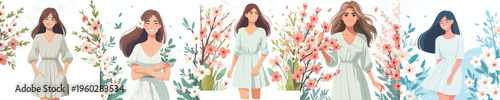 half body vector woman standing happy spring mood