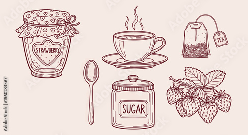 Vintage breakfast tea set with strawberry jam jar sugar bowl and hot beverage cup hand drawn vector illustration doodle art