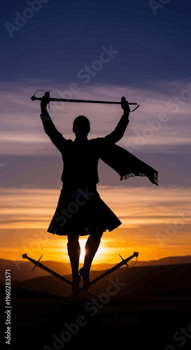 Highland Warrior Silhouette Against Dramatic Sunset Sky with Swords