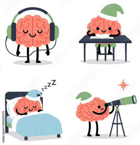 Cute Cartoon Brain Character Set with Various Daily Life Activities