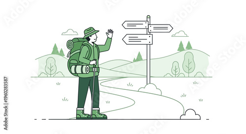 Hiker At Crossroads Seeking Direction On Scenic Trail Adventure