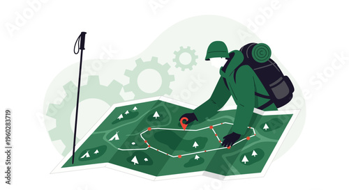 Hiker Planning An Expedition With Detailed Map And Trekking Pole