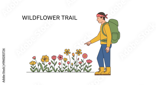 Hiker Points To Vibrant Wildflower Meadow Nature Trail Discovery