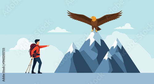 Hiker Points Towards Majestic Eagle Perched Atop Snowy Mountain Peak