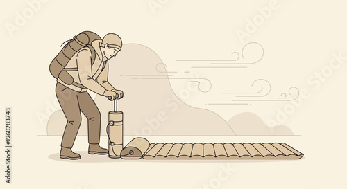 Hiker Prepares Sleeping Pad For Camping Adventure Outdoors