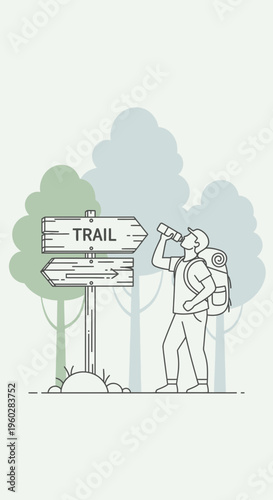 Hiker Quenches Thirst At Forest Trail Sign Directional