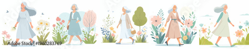 vector grandma walking happy spring mood
