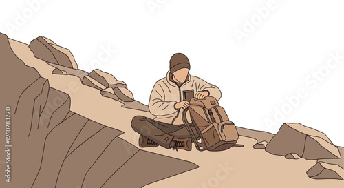 Hiker Resting On Rocky Terrain With Backpack