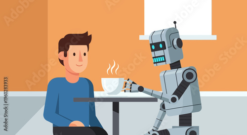 Human And Robot Companionship Sharing A Warm Beverage During A Casual Meeting