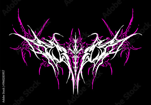 neo tribal symmetrical freehand vector style. Sharp, aggressive purple and white ornament for streetwear, tattoo flash, and edgy dark aesthetic.