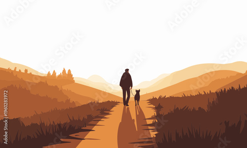 Man walking his dog along a hilly rural path illustration