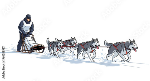 Husky Sled Team Racing Through Snowy Landscape Dynamic Illustration