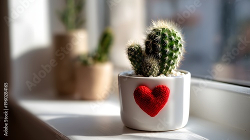 Small Cactus in a White Pot with a Red Heart Decoration.