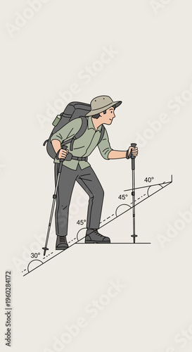 Illustrative Depiction Of A Hiker Ascending A Steep Gradient With Trekking Poles