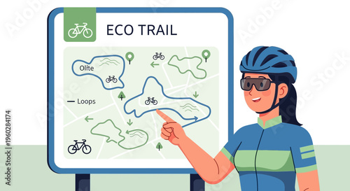 Illustrative Cyclist Points At Eco Trail Map Board Signboard