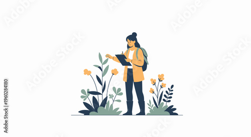 Illustrative Concept Of A Woman Documenting Botanical Discoveries In A Field