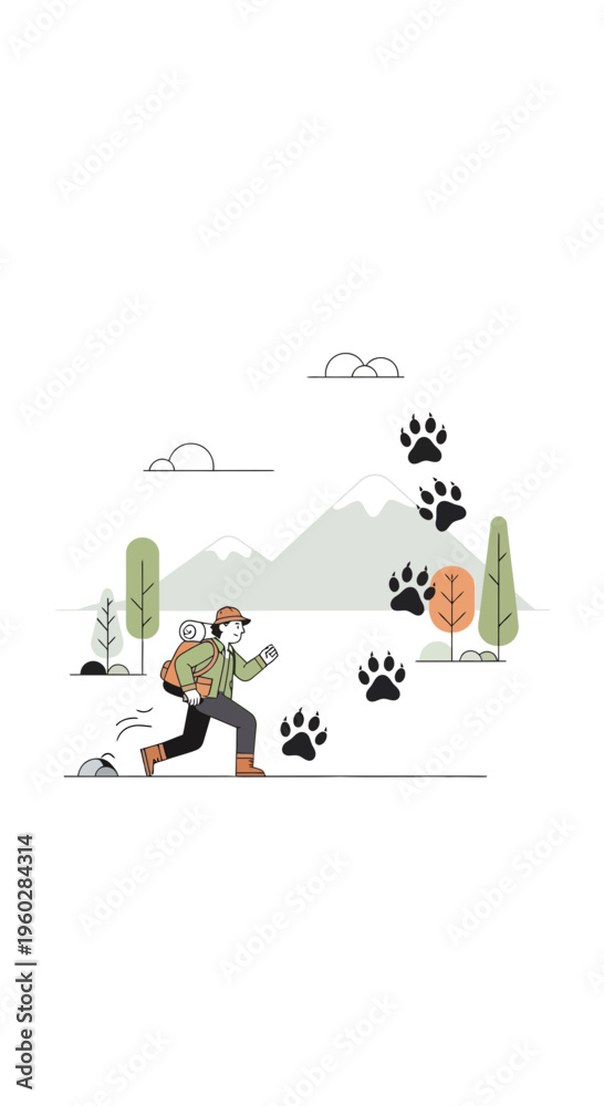 Fototapeta premium Illustrative Nature Exploration With Animal Tracks And Hiker