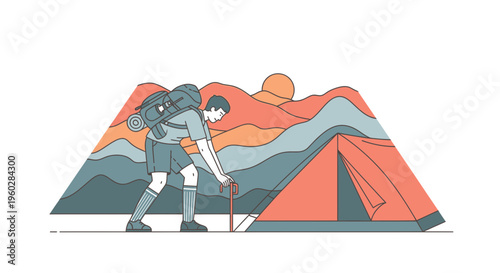 Illustrative Hiker Setting Up Camp Amidst Stylized Mountain Landscape