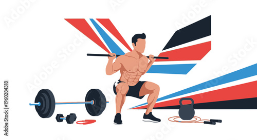 Illustrative Muscular Man Performing Barbell Squat Exercise With Gym Equipment