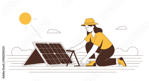 Illustrative Person Installing Solar Panel Under Sunny Skies