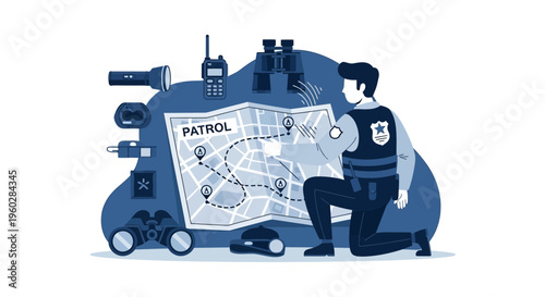 Illustrative Officer Planning Patrol Route With Strategic Map and Equipment
