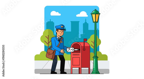 Illustrative Postman Delivering Mail to a Classic Mailbox in a City Setting