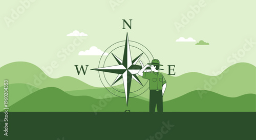 Illustrative Ranger Guides Exploration Through Scenic Mountain Compass Orientation