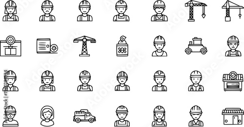 Construction Icons: Diverse Workers, Cranes, Trucks, Buildings  Equipment Line Art Collection