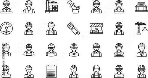 Construction Industry Icons: Worker, Helmet, Crane, Blueprint, Tools, Building, Safety - Vector Set