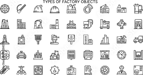 Factory and Industrial Objects Line Icons Collection. Outline Symbols of Manufacturing Buildings, Machinery, Tools, and Safety Equipment for Production.
