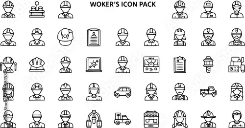 Worker's Icon Pack: Construction and Engineering Team Uniforms, Safety Helmets, Vehicles, and Equipment Line Art