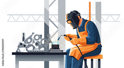 Industrial Welder Crafting Metal Components With Sparks Flying Creating Manufacturing Excellence