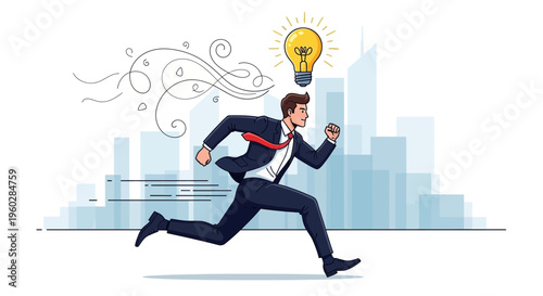 Innovative Business Man Running With A Bright Idea Light Bulb