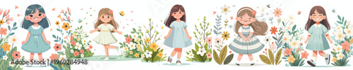 vector little girl standing happy spring mood