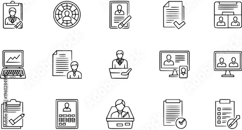 Human Resources, Recruitment, Election, and Business Management Vector Line Icons. Candidate Selection, Voting, Interview Process, and Job Application Outline Pictograms.